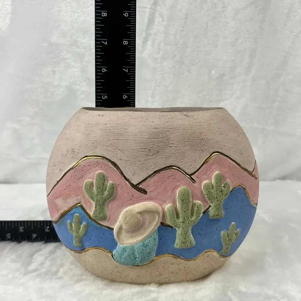 Southwestern Desert Scene Pottery Vase Cactus Sunset Relief Painted 5.5 Handmade